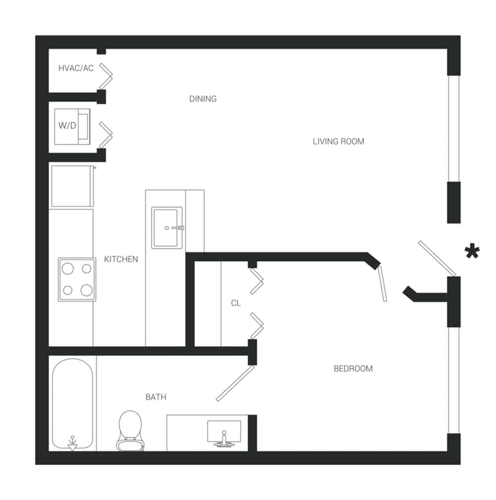 A 3D image of the A1C floorplan, a 531 squarefoot, 1 bed / 1 bath unit