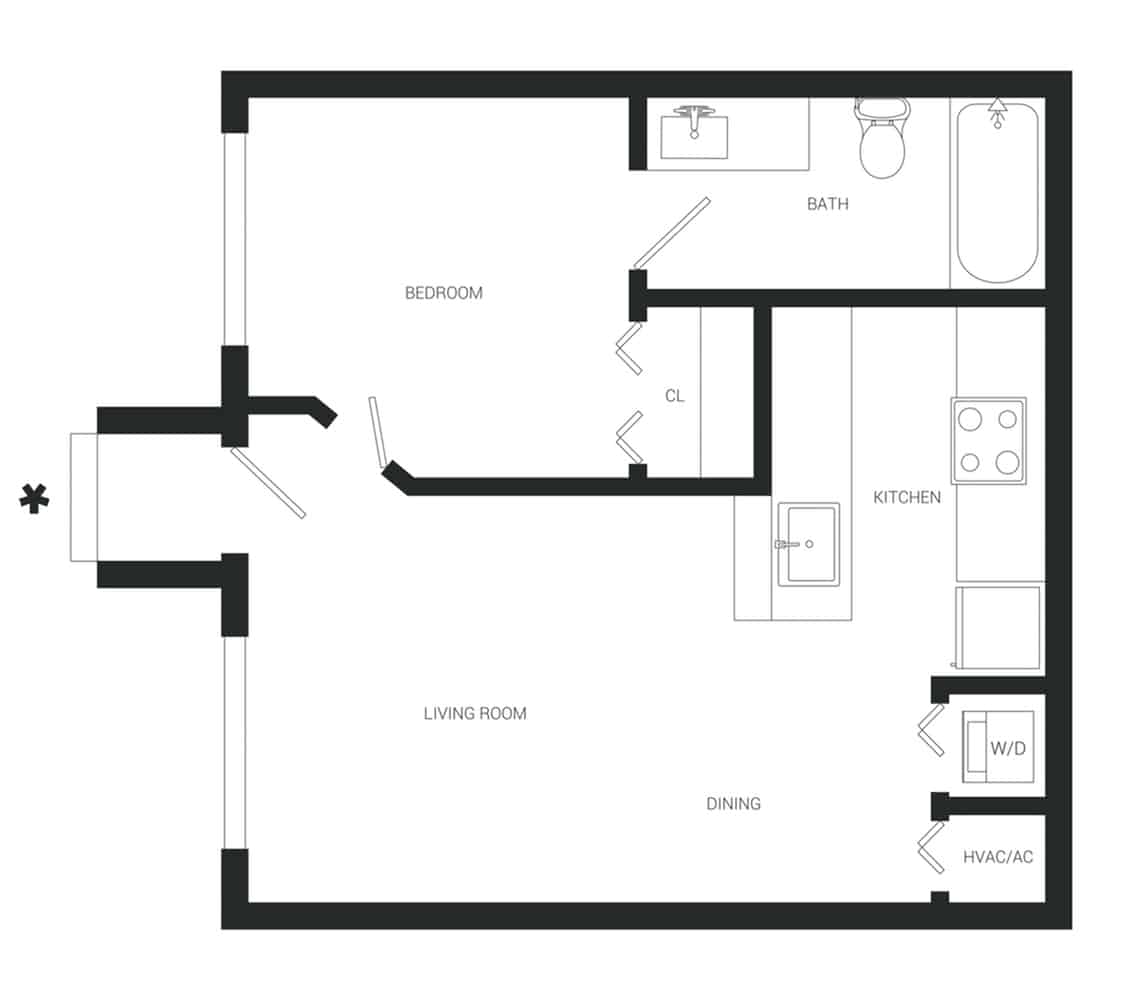A 3D image of the A2C floorplan, a 531 squarefoot, 1 bed / 1 bath unit