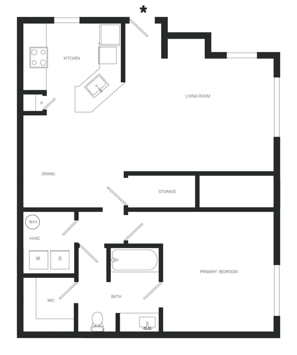 A 3D image of the A3C floorplan, a 871 squarefoot, 1 bed / 1 bath unit