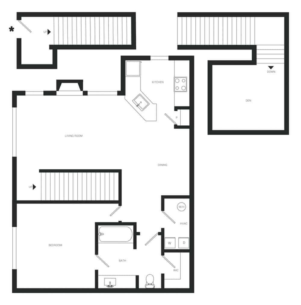 A 3D image of the A4C floorplan, a 1132 squarefoot, 1 bed / 1 bath unit