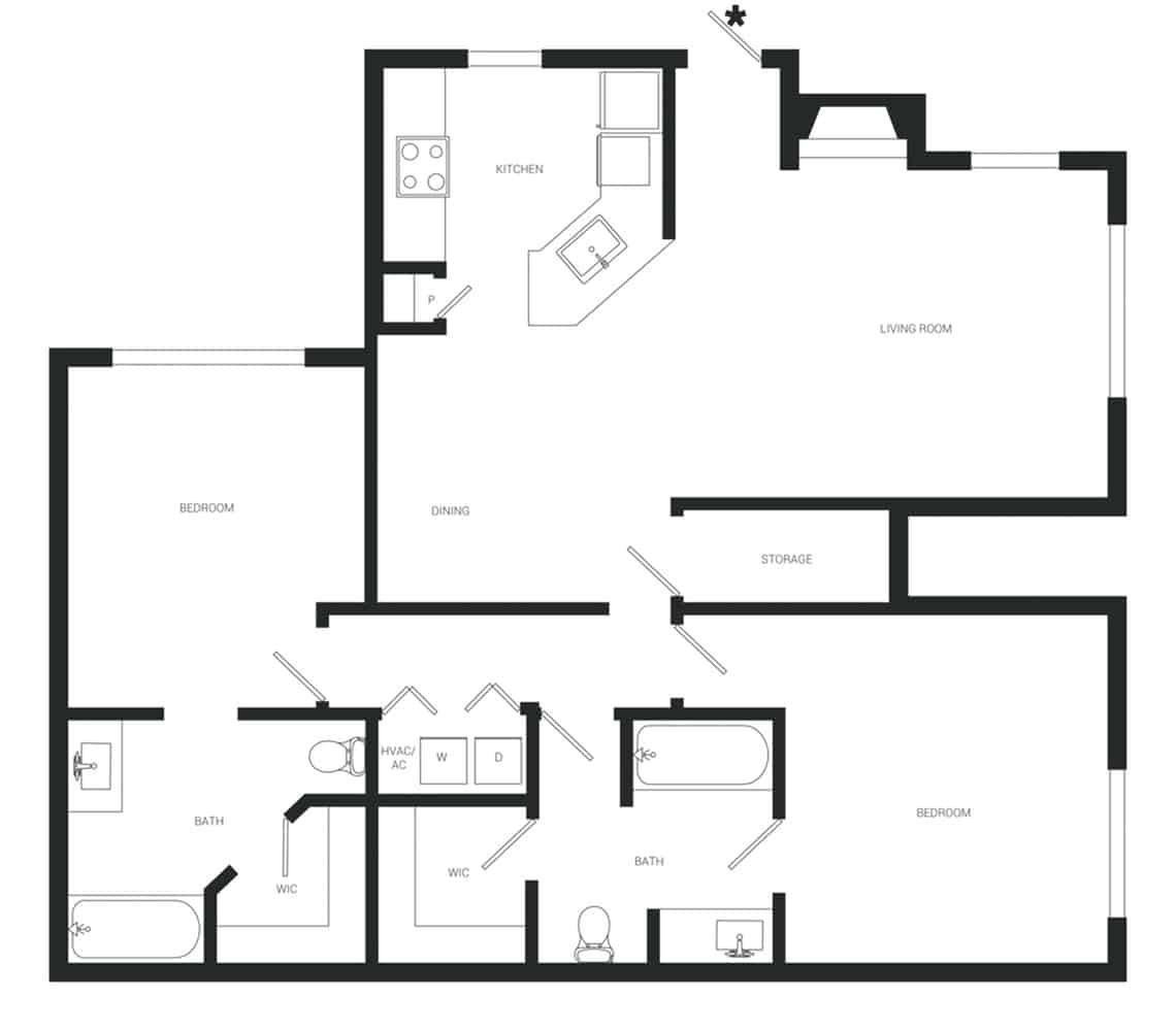 A 3D image of the B1C floorplan, a 1070 squarefoot, 2 bed / 2 bath unit
