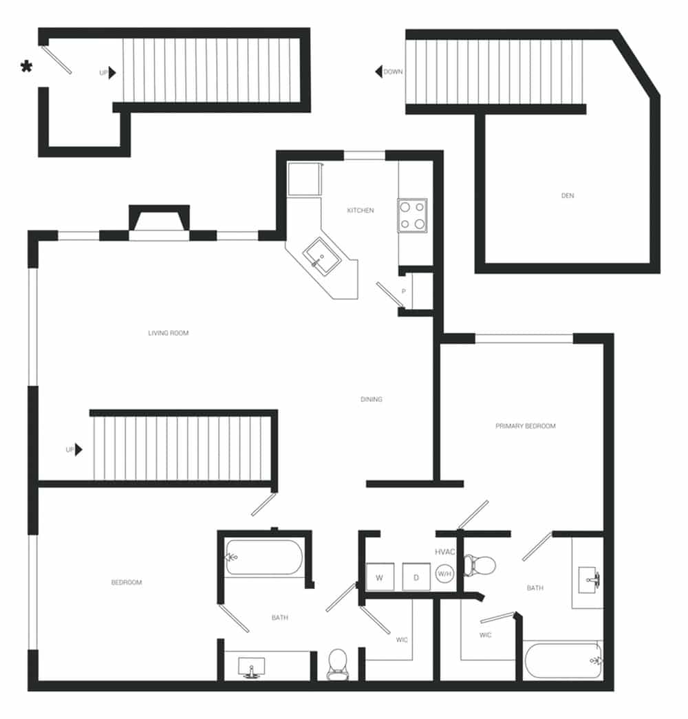 A 3D image of the B2R floorplan, a 1239 squarefoot, 2 bed / 2 bath unit