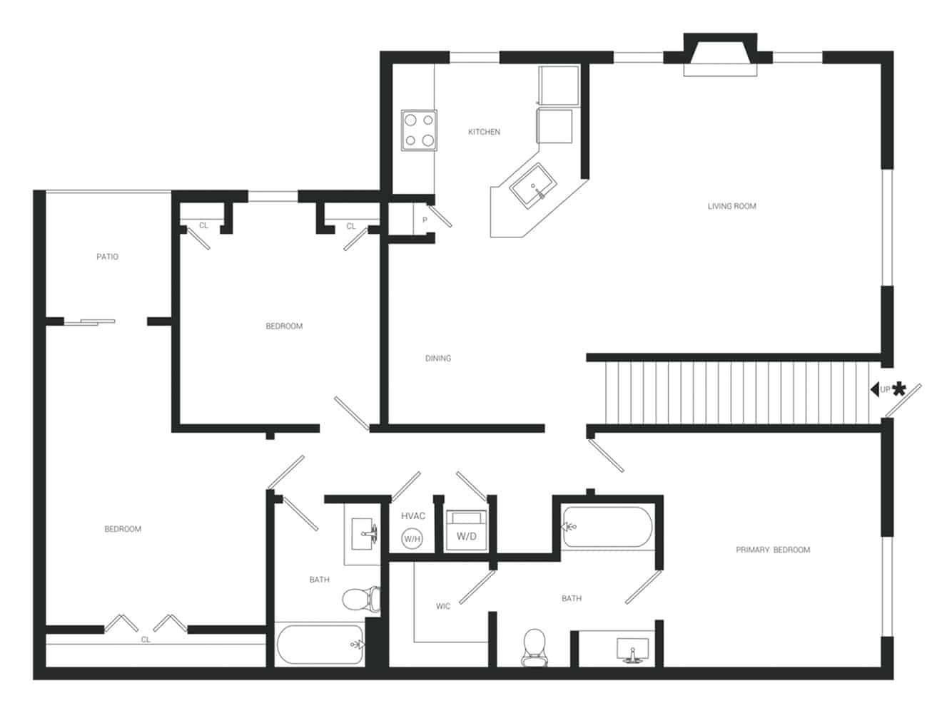 A 3D image of the C2R floorplan, a 1274 squarefoot, 3 bed / 2 bath unit